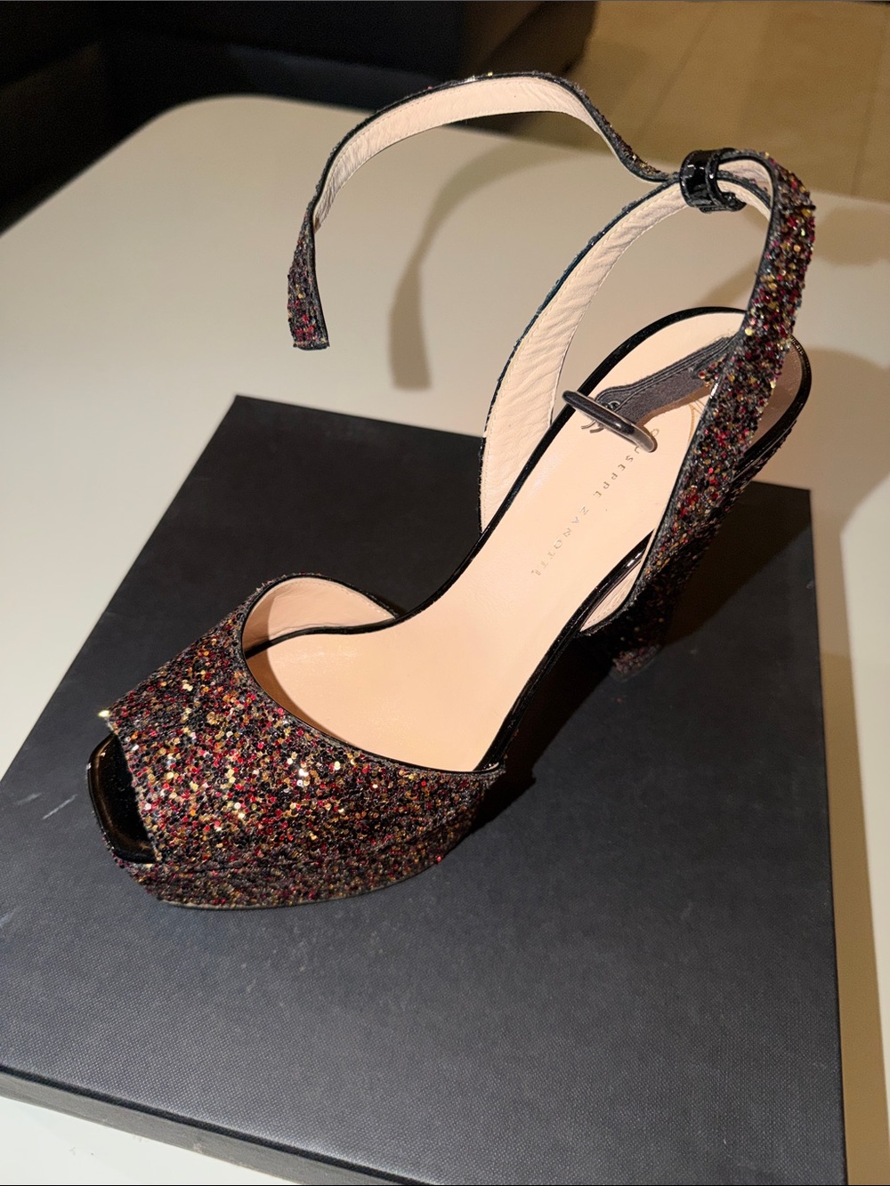 Giuseppe Zanotti Multicolor Glitter Peep-Toe Slingback Heel